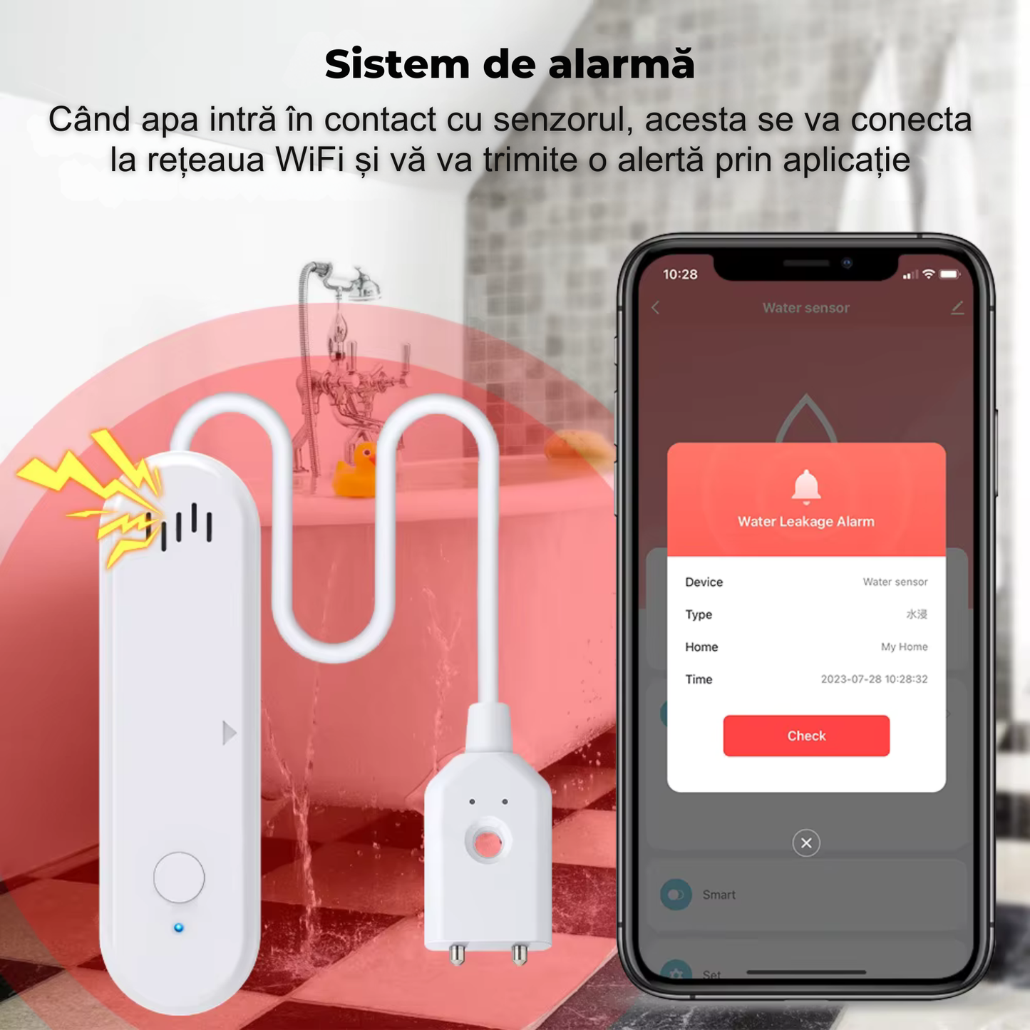 Senzor Inundatie Inteligent, detectare scurgeri apa, aplicatie Tuya