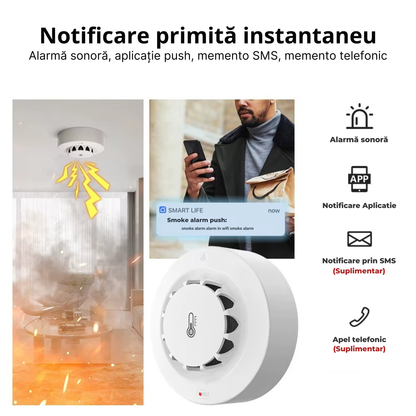 Detector inteligent 3-in-1 pentru fum, temperatura si umiditate Aplicatia Tuya