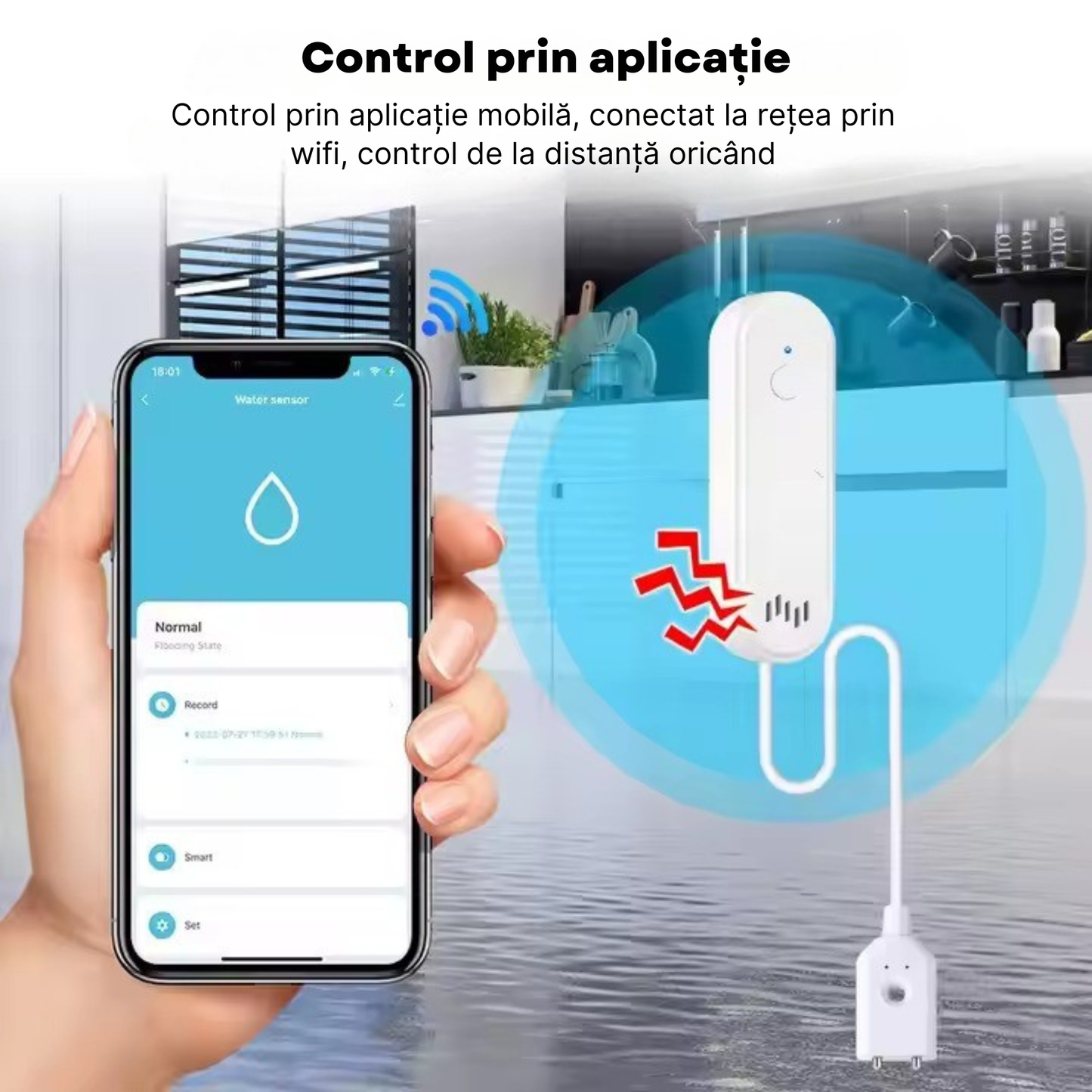 Senzor Inundatie Inteligent, detectare scurgeri apa, aplicatie Tuya