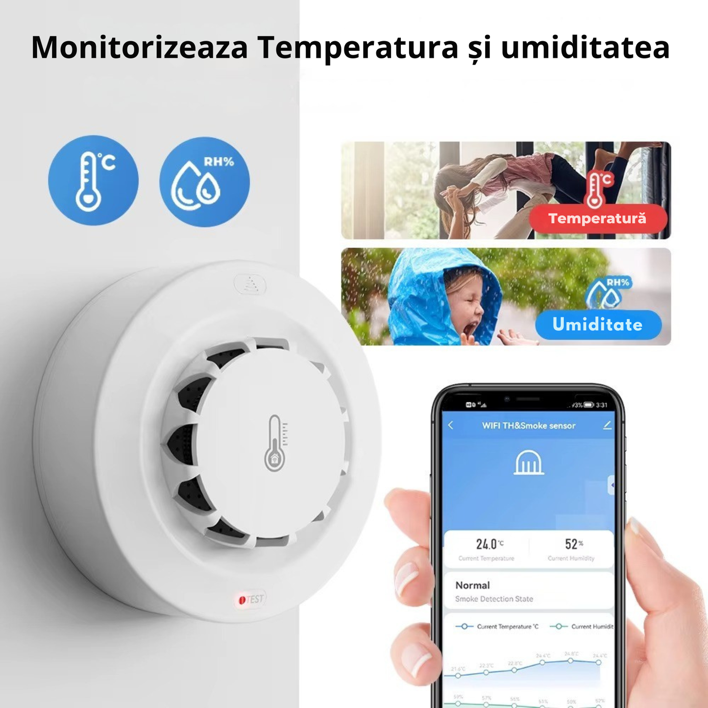 Detector inteligent 3-in-1 pentru fum, temperatura si umiditate Aplicatia Tuya