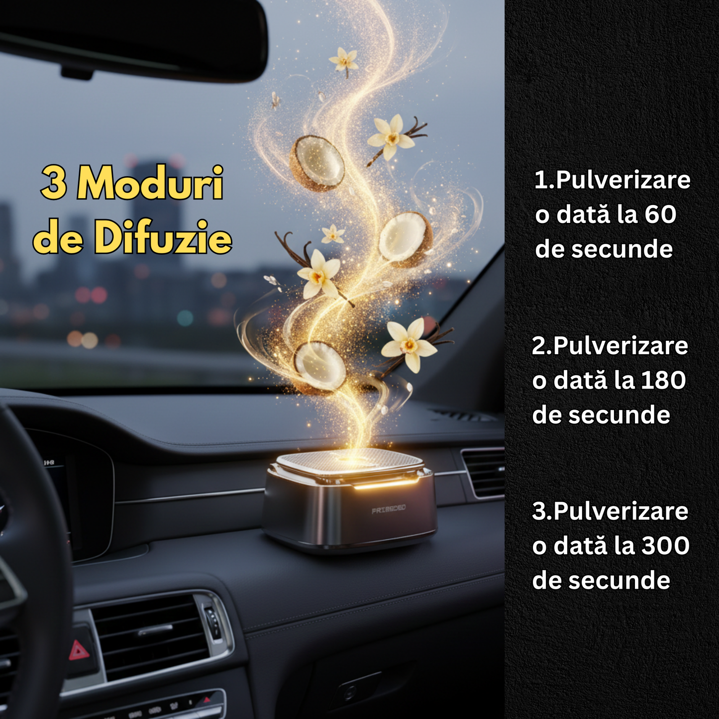 Odorizant Auto Inteligent cu Ultrasunete Pentru Bord cu Cocos si Vanilie
