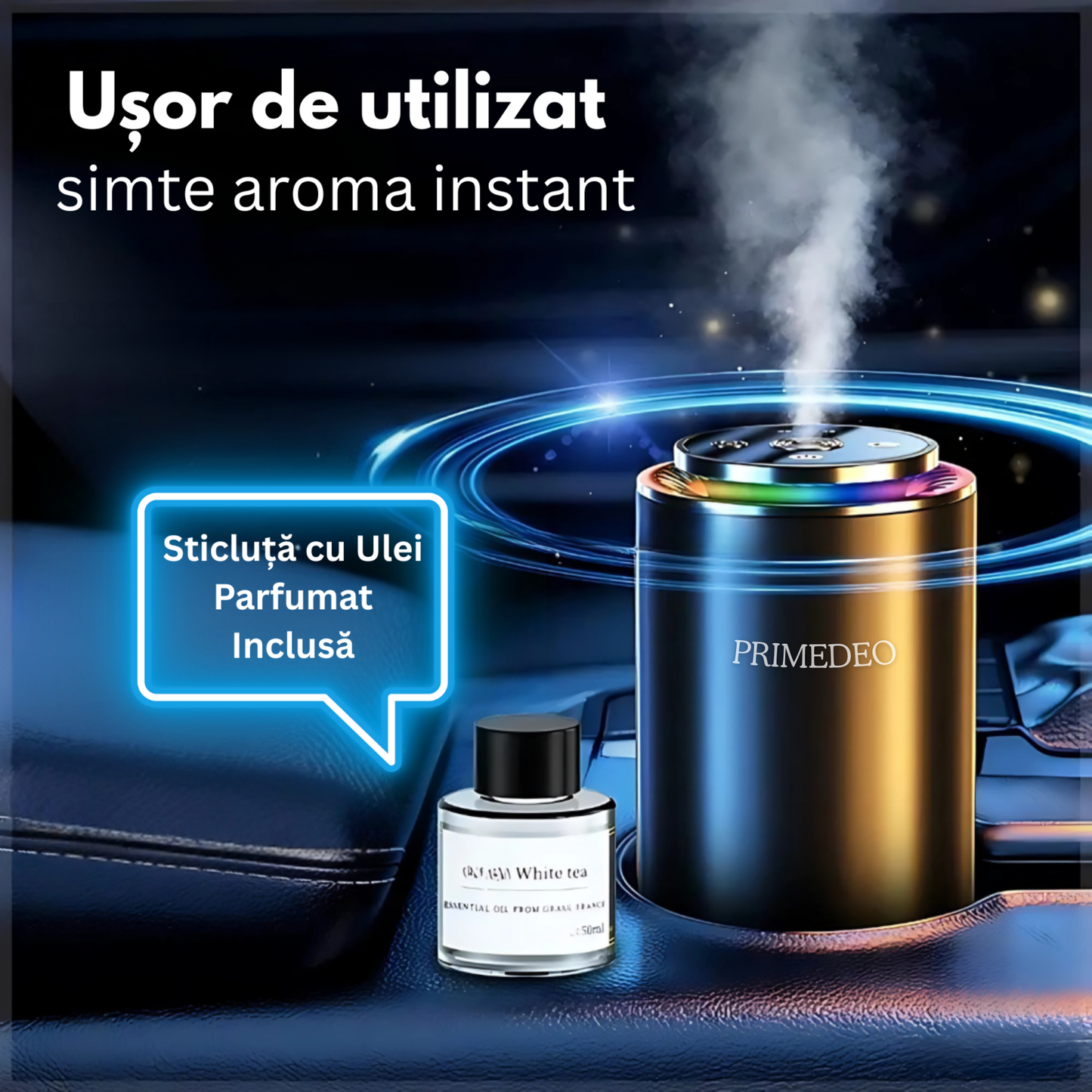 Odorizant Auto Premium PRIMEDEO®, Difuzor Aromaterapie Auto Inteligent, 2X Rezerve